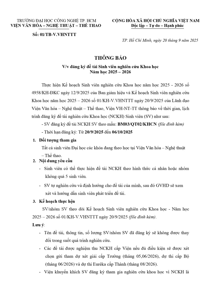 Thông báo V/v đăng ký đề tài Sinh viên nghiên cứu Khoa học năm học 2025 – 2026 3