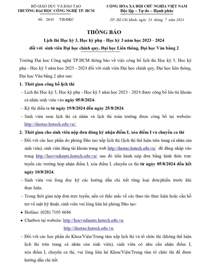 Thông báo lịch thi Học kỳ 3, Học kỳ phụ - Học kỳ 3 năm học 2023 - 2024 đối với sinh viên Đại học chính quy, Đại học Liên thông, Đại học Văn bằng 2 4