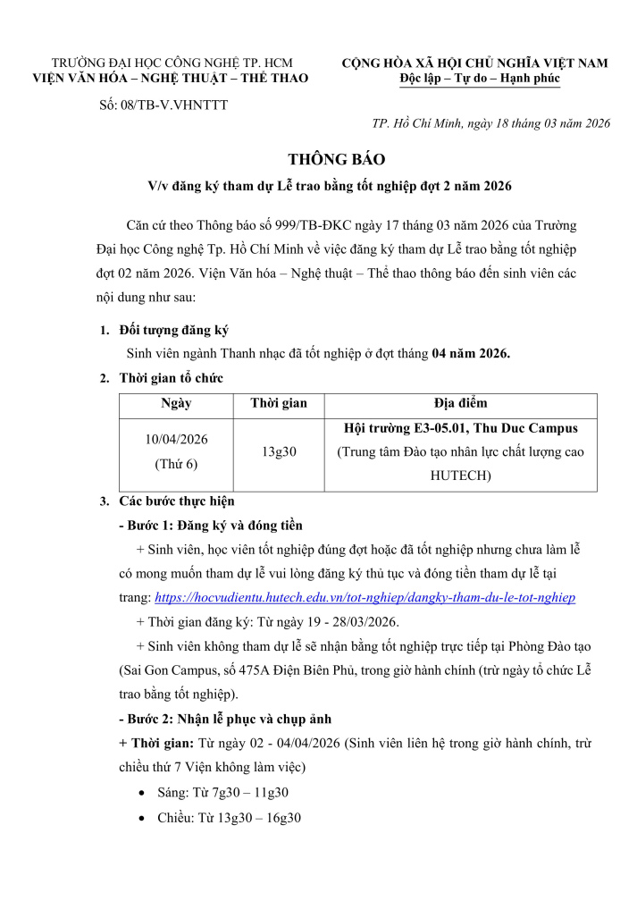 Thông báo về việc đăng ký tham dự Lễ trao bằng tốt nghiệp đợt 2 năm 2026 2
