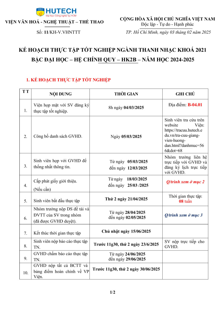 KH số 11/KH-V.VH-NT-TT- Kế hoạch thực tập - HK2 - NH 2024-2025 2