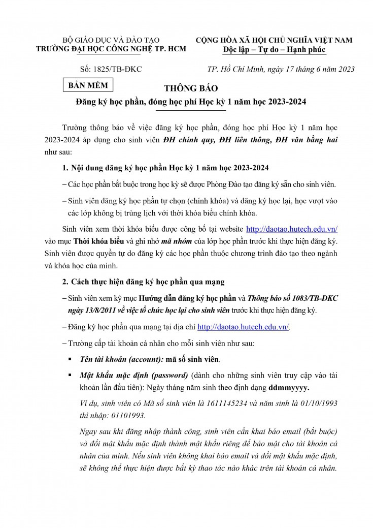 THÔNG BÁO Đăng ký học phần, đóng học phí Học kỳ 1 năm học 2023-2024 2