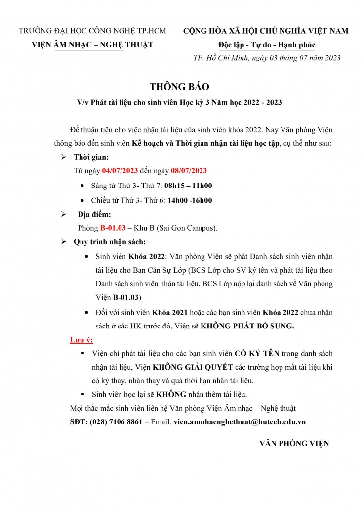 [THÔNG BÁO] Phát tài liệu học tập cho sinh viên Học kỳ 3 - Năm học 2022 - 2023 3