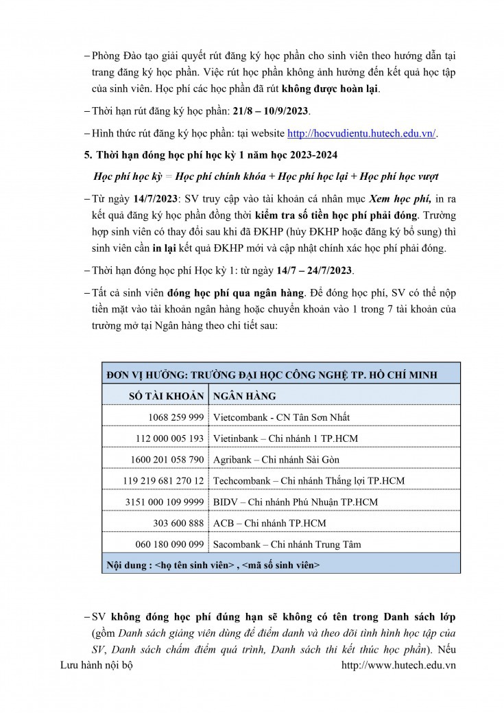 THÔNG BÁO Đăng ký học phần, đóng học phí Học kỳ 1 năm học 2023-2024 8