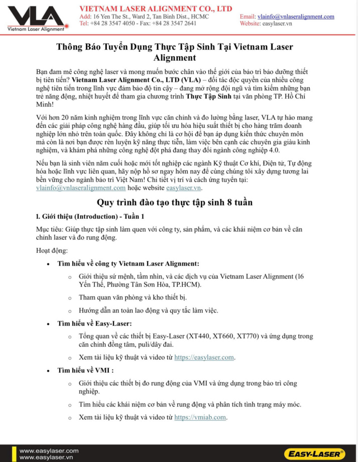 THÔNG BÁO TUYỂN DỤNG THỰC TẬP SINH TẠI VIETNAM LASER ALIGNMENT 6