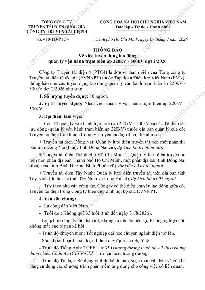CÔNG TY TRUYỀN TẢI ĐIỆN 4 TUYỂN DỤNG (ĐỢT 2/2026) 2