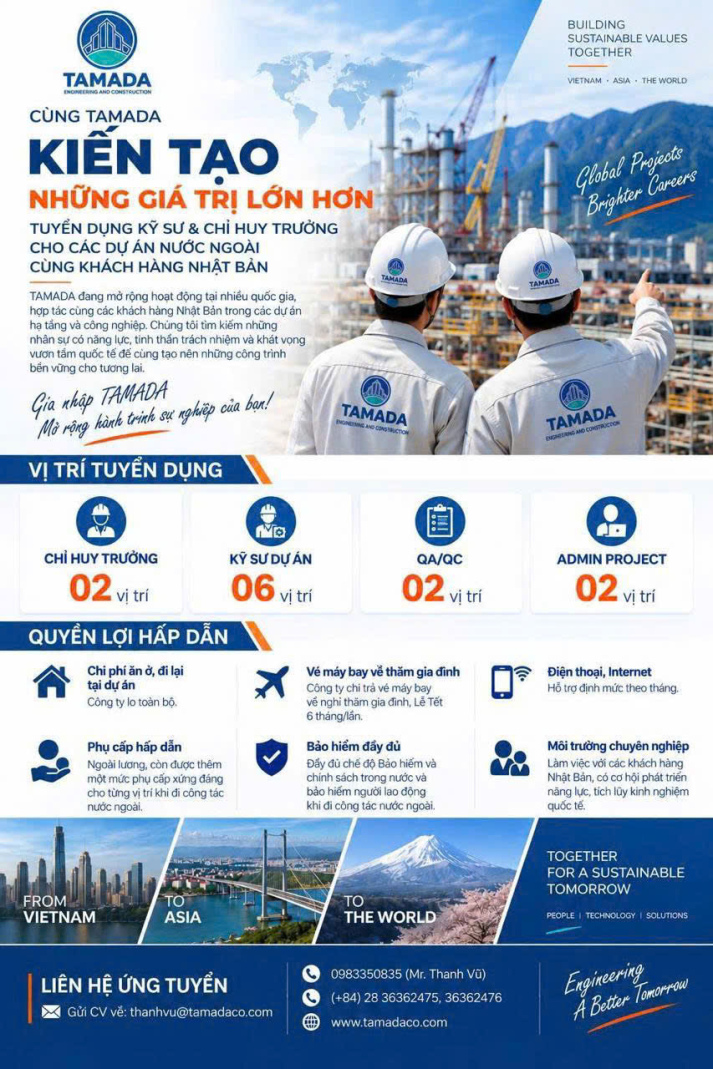 CÔNG TY TNHH KỸ THUẬT VÀ XÂY DỰNG TAMADA TUYỂN DỤNG KỸ SƯ & CHỈ HUY TRƯỞNG CHO CÁC DỰ ÁN NƯỚC NGOÀI CÙNG KHÁCH HÀNG NHẬT BẢN 2