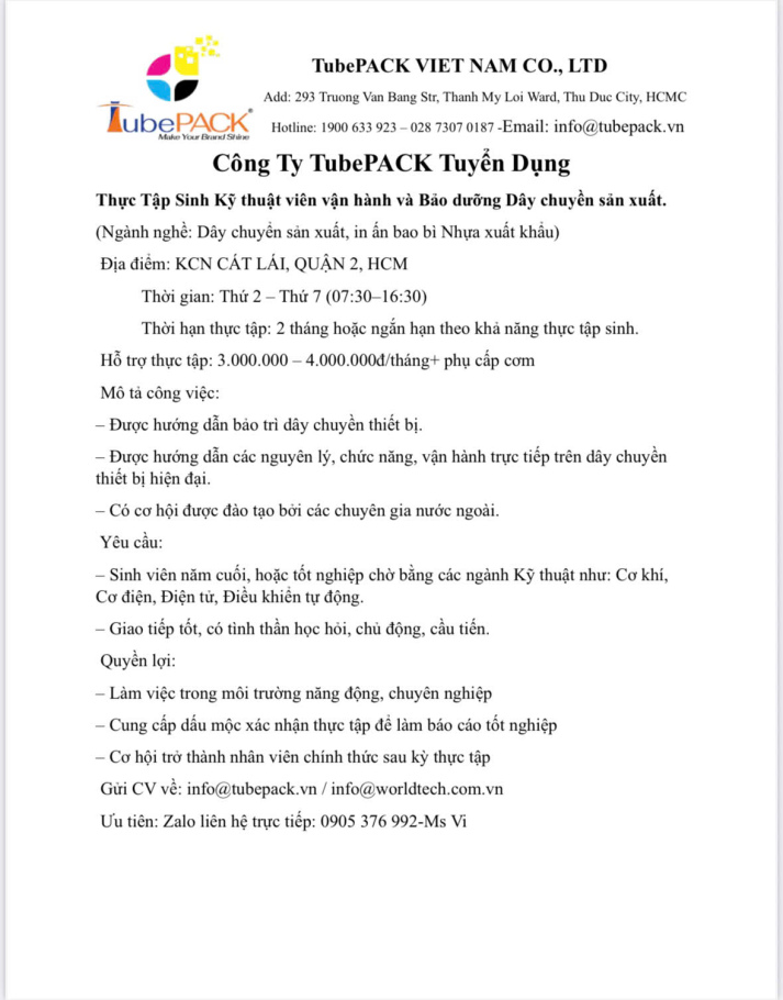 Công ty TubePACK tuyển dụng 4