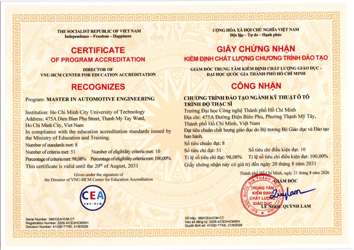 ​CHƯƠNG TRÌNH ĐÀO TẠO THẠC SĨ KỸ THUẬT Ô TÔ ĐẠT KIỂM ĐỊNH CHẤT LƯỢNG GIÁO DỤC 26