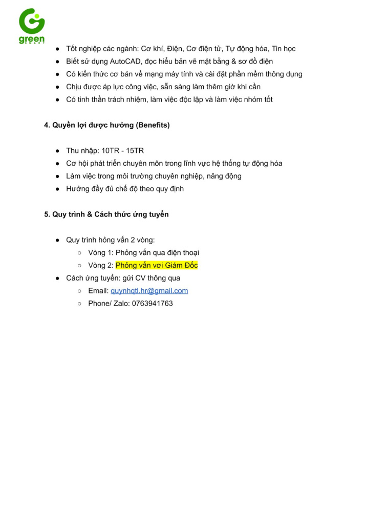 CÔNG TY CỔ PHẦN GIẢI PHÁP CÔNG NGHỆ GREEN SMART TUYỂN DỤNG NHÂN VIÊN KỸ THUẬT (TẠI HCM - HN) 3