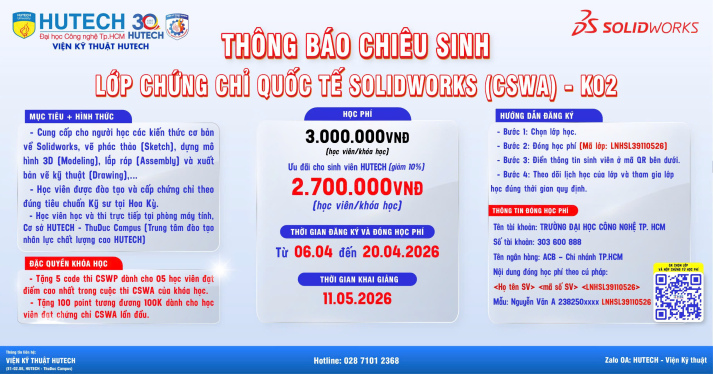 Thông báo khai giảng lớp ngắn hạn SolidWorks Quốc tế tháng 05/2026 (Chứng chỉ điều kiện tin học) 2