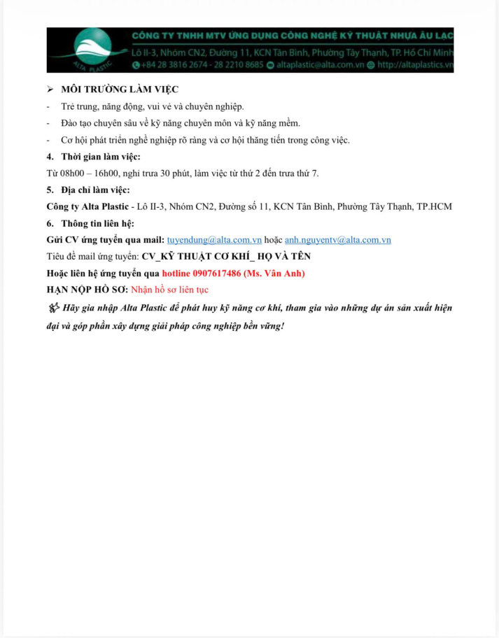 Công ty TNHH MTV Ứng dụng Công nghệ Kỹ thuật Nhựa Âu Lạc (Alta Plastic)  tuyển dụng Nhân viên Kỹ thuật Cơ khí 4