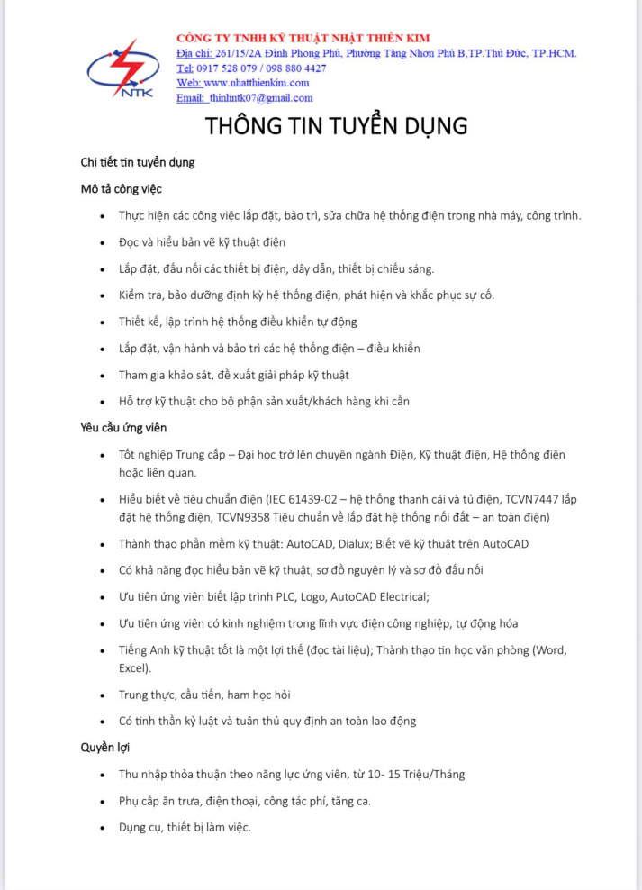 CÔNG TY TNHH KỸ THUẬT NHẬT THIÊN KIM TUYỂN DỤNG 4