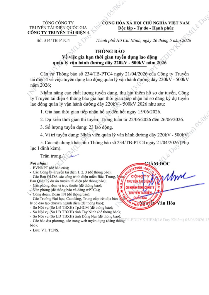 CÔNG TY TRUYỀN TẢI ĐIỆN 4 TUYỂN DỤNG 2