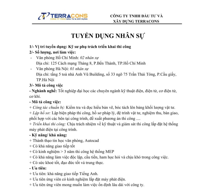 CÔNG TY TNHH ĐẦU TƯ VÀ XÂY DỰNG TERRACONS TUYỂN DỤNG 2