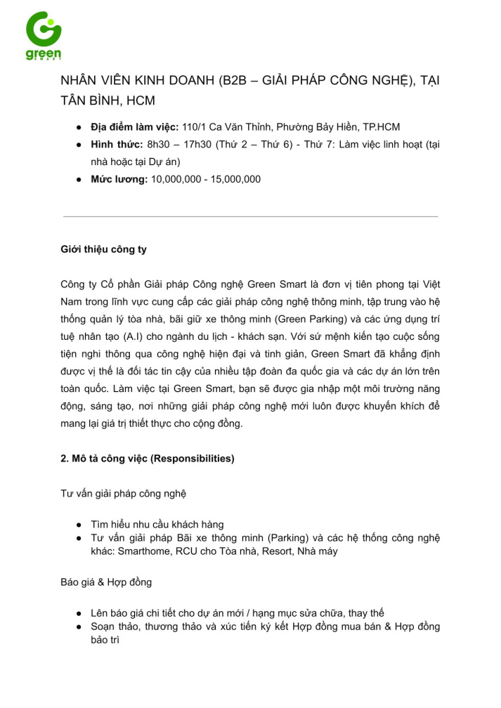 CÔNG TY CỔ PHẦN GIẢI PHÁP CÔNG NGHỆ GREEN SMART TUYỂN DỤNG NHÂN VIÊN KINH DOANH (B2B - GIẢI PHÁP CÔNG NGHỆ) TẠI TÂN BÌNH, TP.HCM 2