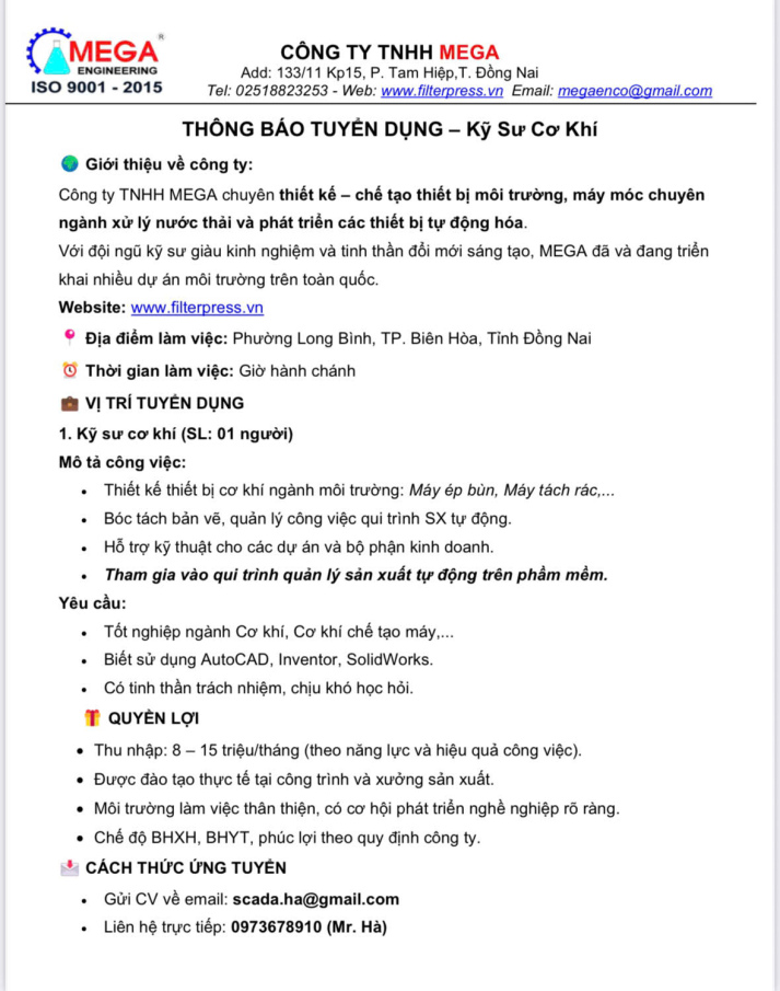 CÔNG TY TNHH MEGA TUYỂN DỤNG KỸ SƯ CƠ KHÍ 4