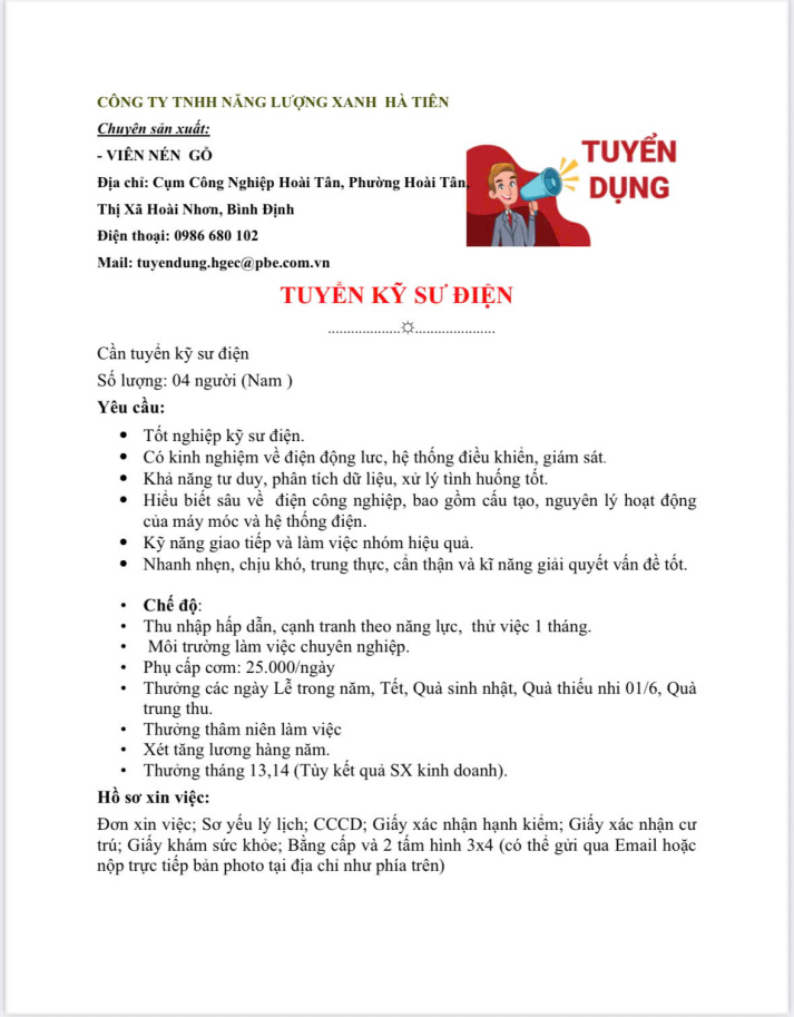 Công ty TNHH Năng lượng Xanh Hà Tiên tuyển dụng 4