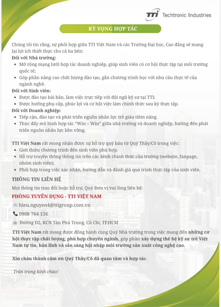 Công ty TNHH Techtronic Industries Việt Nam (TTI Việt Nam) tuyển dụng - Thực tập sinh Vận hành máy 6