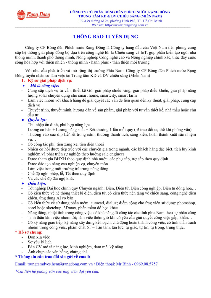 CÔNG TY CỔ PHẦN BÓNG ĐÈN PHÍCH NƯỚC RẠNG ĐÔNG TUYỂN DỤNG 2