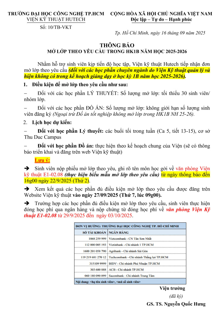 Thông báo mở lớp theo yêu cầu trong HK1B NH 25-26 2
