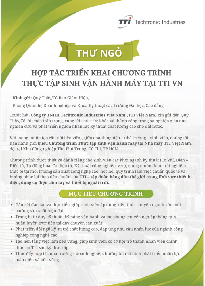 Công ty TNHH Techtronic Industries Việt Nam (TTI Việt Nam) tuyển dụng - Thực tập sinh Vận hành máy 4