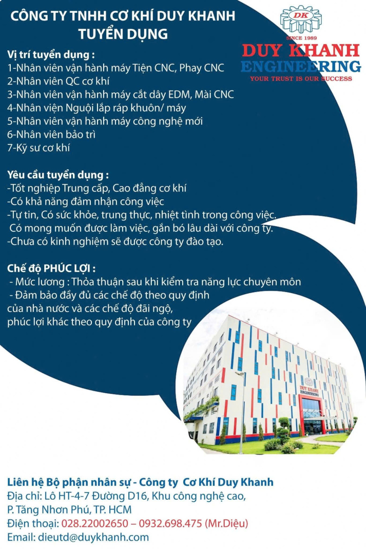 CÔNG TY TNHH CƠ KHÍ DUY KHANH (DK CO.,LTD) TUYỂN DỤNG 3