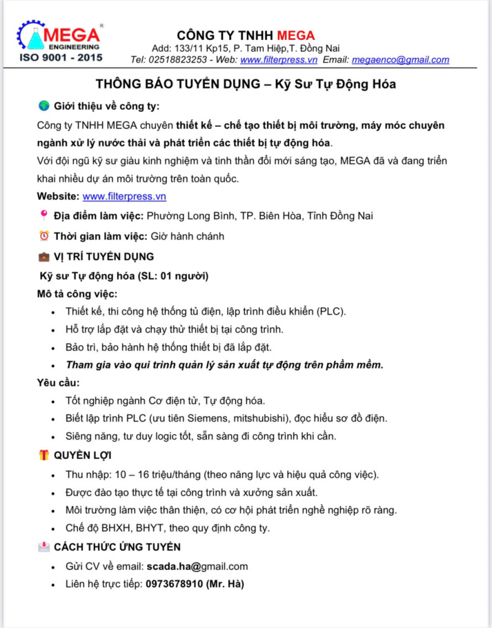 CÔNG TY TNHH MEGA TUYỂN DỤNG KỸ SƯ  TỰ ĐỘNG HÓA 4