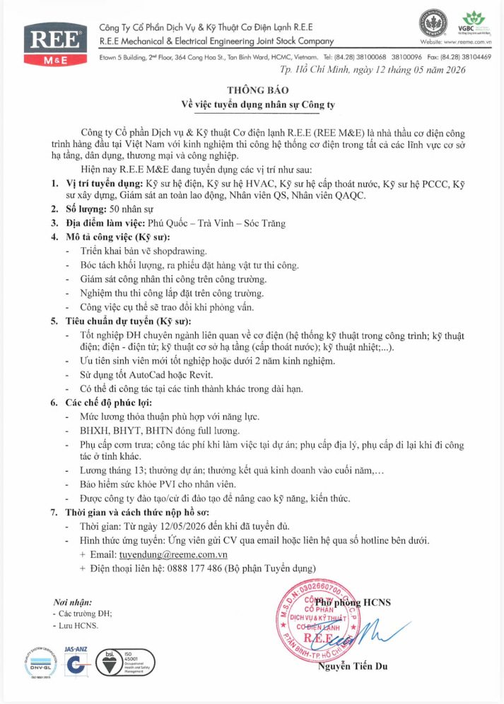 Công ty Cổ phần Dịch vụ & Kỹ thuật Cơ Điện Lạnh R.E.E tuyển dụng 2