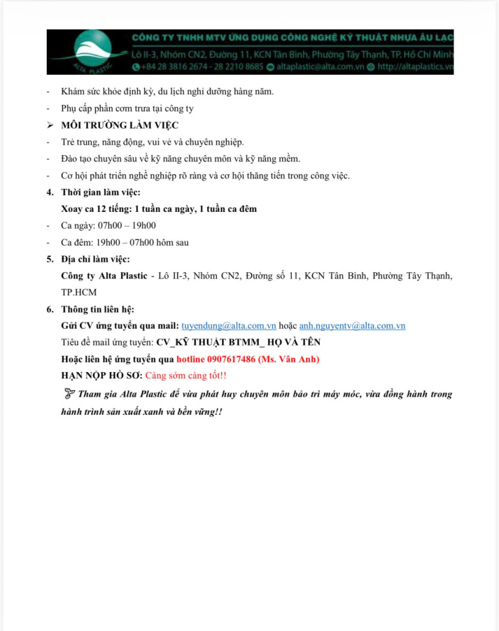 Công ty TNHH MTV Ứng dụng Công nghệ Kỹ thuật Nhựa Âu Lạc (Alta Plastic)  tuyển dụng Nhân viên Kỹ thuật bảo trì máy móc 4