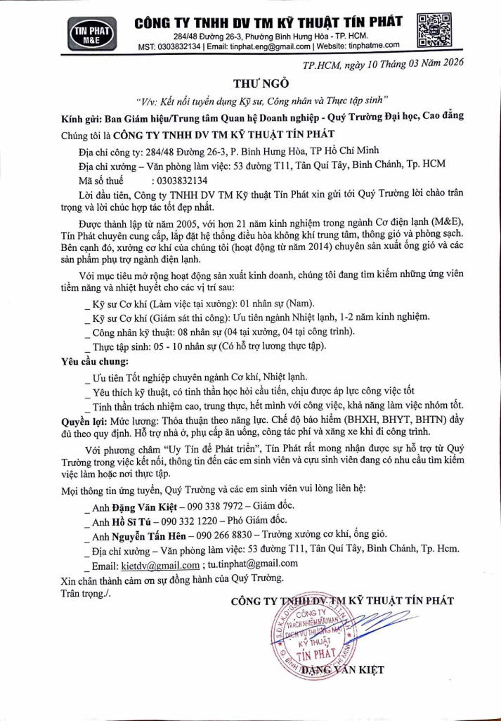 CÔNG TY TNHH DV TM KỸ THUẬT TÍN PHÁT TUYỂN DỤNG 2