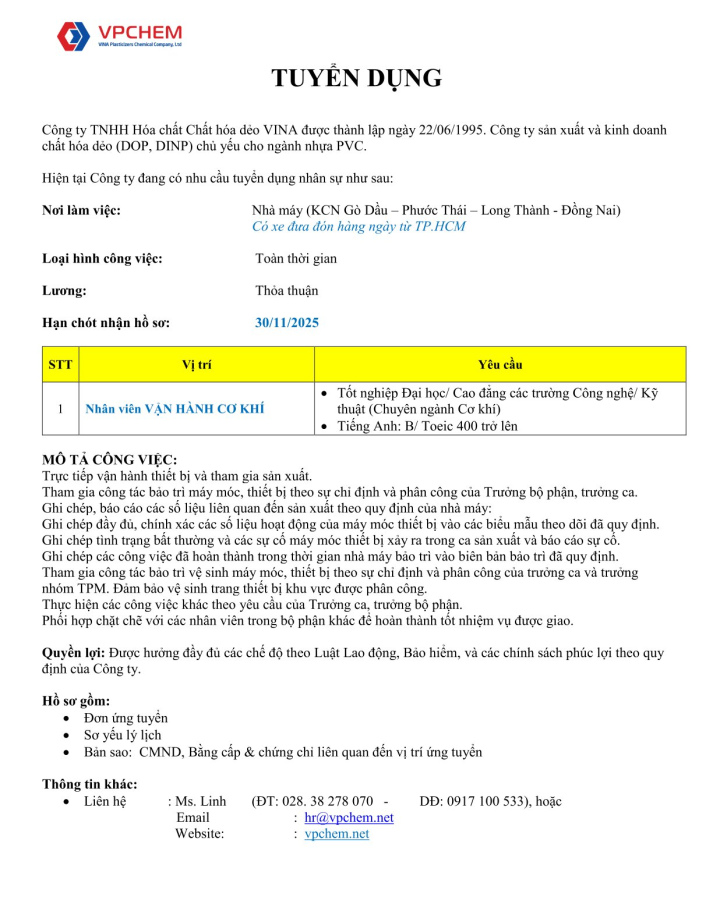 THÔNG BÁO TUYỂN DỤNG TẠI CÔNG TY TNHH HÓA CHẤT CHẤT HÓA DẺO VINA 4