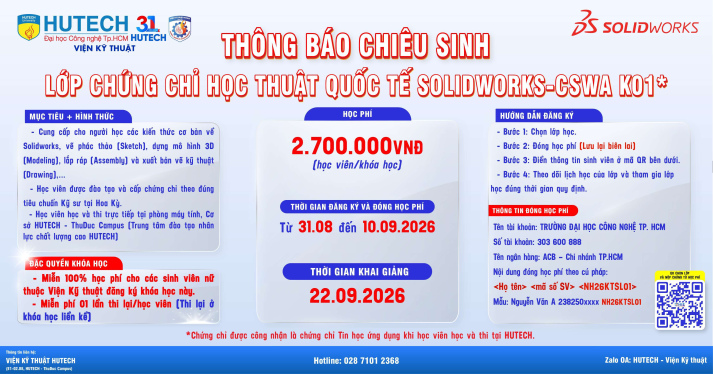 THÔNG BÁO CHIÊU SINH LỚP CHỨNG CHỈ HỌC THUẬT QUỐC TẾ SOLIDWORKS-CSWA K01 2
