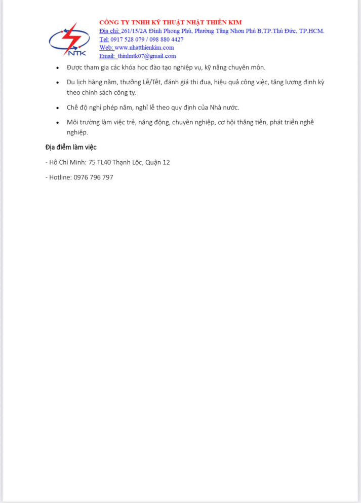 CÔNG TY TNHH KỸ THUẬT NHẬT THIÊN KIM TUYỂN DỤNG 6