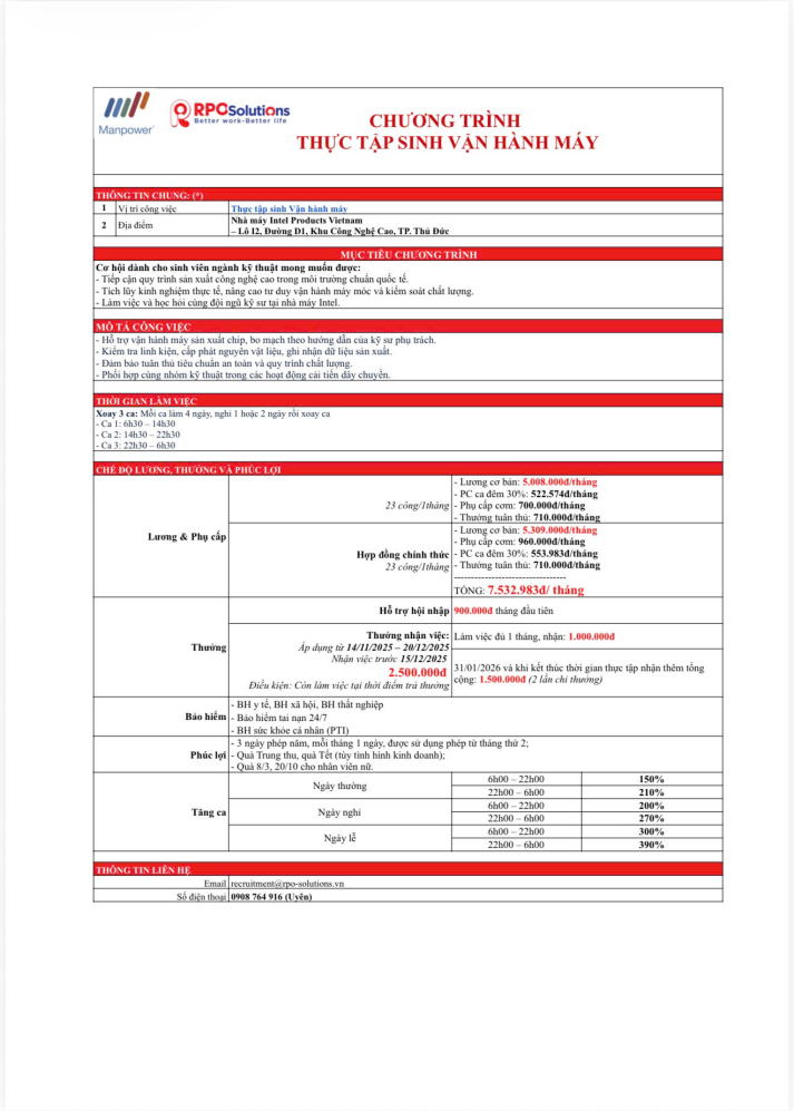 RPO Solutions tuyển dụng - Thực tập sinh Vận hành máy 4