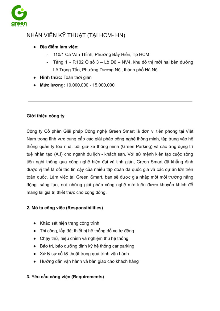 CÔNG TY CỔ PHẦN GIẢI PHÁP CÔNG NGHỆ GREEN SMART TUYỂN DỤNG NHÂN VIÊN KỸ THUẬT (TẠI HCM - HN) 2