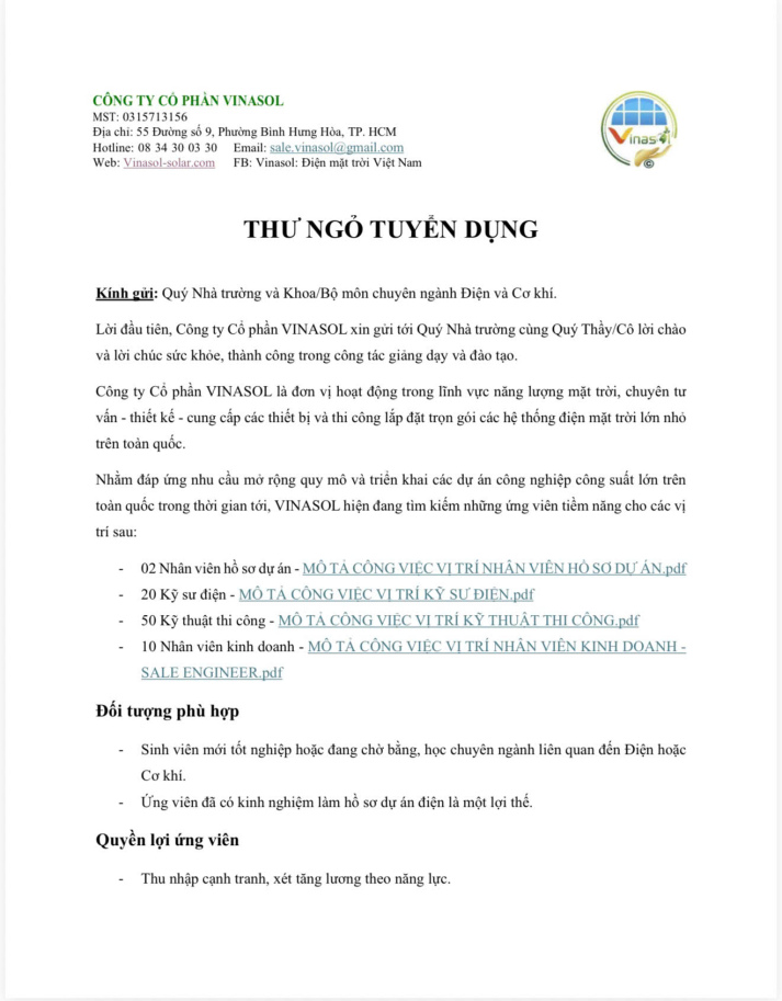 CÔNG TY CỔ PHẦN VINASOL TUYỂN DỤNG 4