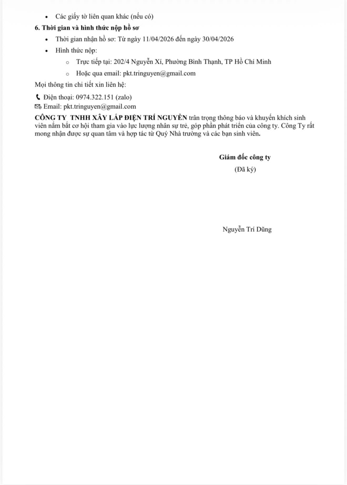 CÔNG TY TNHH XÂY LẮP ĐIỆN TRÍ NGUYỄN TUYỂN DỤNG 10