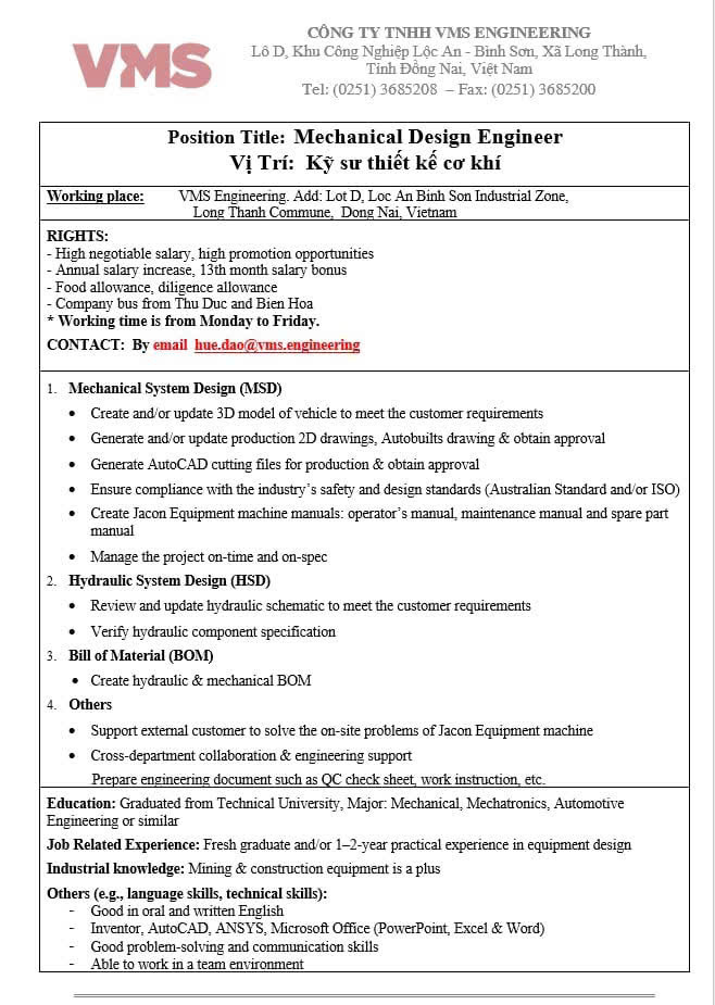 CÔNG TY TNHH VMS ENGINEERING TUYỂN DỤNG 4
