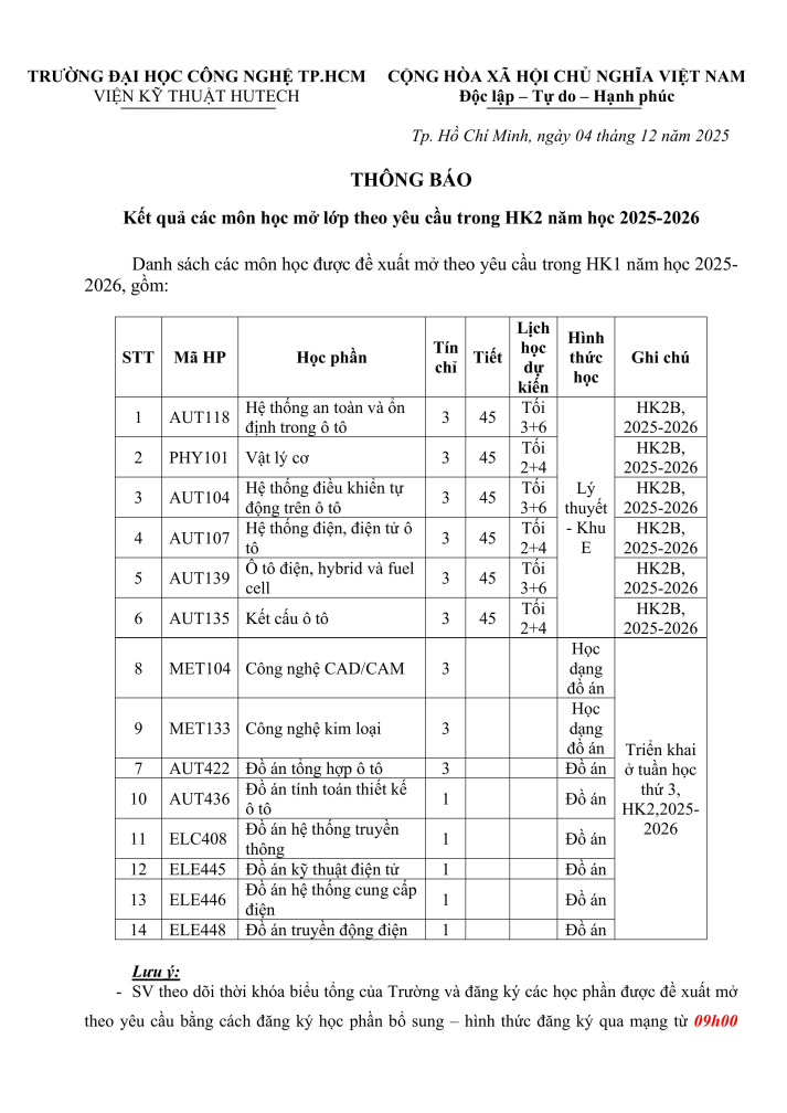 VKT_ Thông báo kết quả mở lớp theo yêu cầu trong Học kỳ 2 Năm học 2025-2026 2
