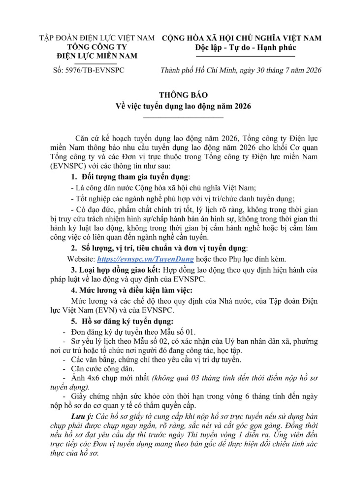 TỔNG CÔNG TY ĐIỆN LỰC MIỀN NAM TUYỂN DỤNG 2