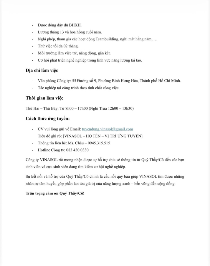 CÔNG TY CỔ PHẦN VINASOL TUYỂN DỤNG 6