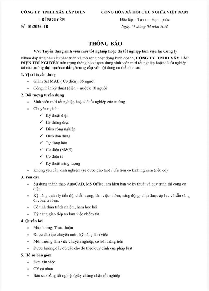CÔNG TY TNHH XÂY LẮP ĐIỆN TRÍ NGUYỄN TUYỂN DỤNG 5