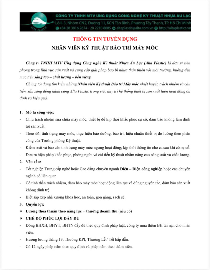 Công ty TNHH MTV Ứng dụng Công nghệ Kỹ thuật Nhựa Âu Lạc (Alta Plastic)  tuyển dụng Nhân viên Kỹ thuật bảo trì máy móc 3