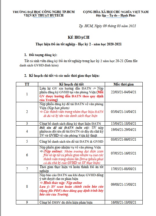 Tb Kế Hoạch Thực Hiện Đồ Án Tốt Nghiệp Học Kỳ 2 Năm Học 2020-2021